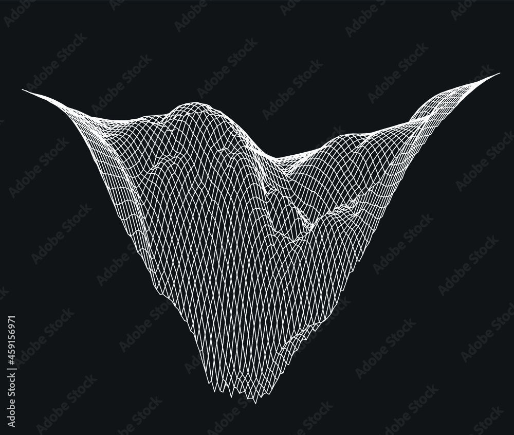 Poster 3D model of a glitched surface. Abstract vector background with distorted wireframe grid.