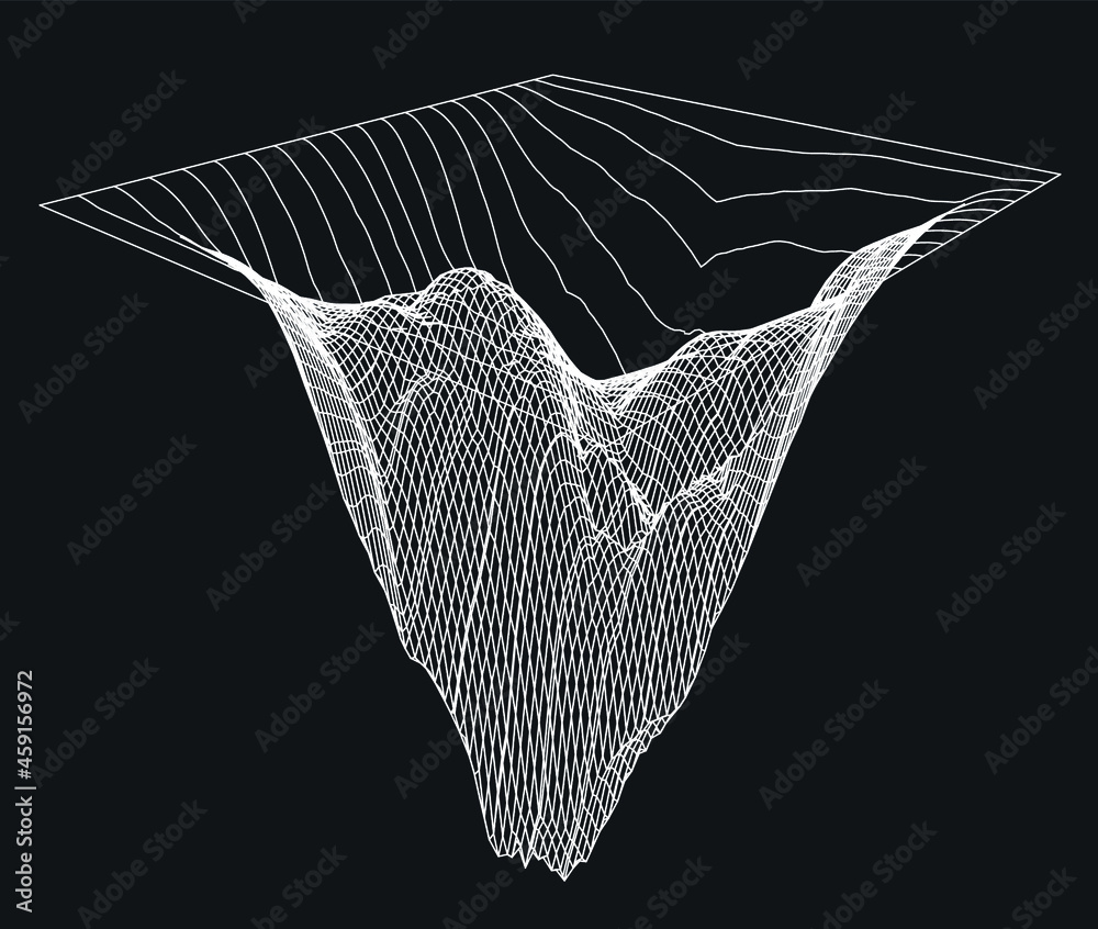 Poster 3D model of a glitched surface. Abstract vector background with distorted wireframe grid.