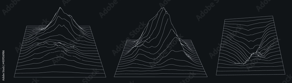 Poster Set of a glitched and distorted 3d models. Abstract vector elements with wireframe grid.