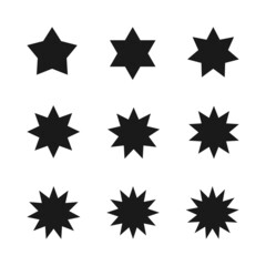 Retro set with set black starburst badges on white background for promo design. Illustration with set black starburst badges on black background. Special offer symbol. Discount tag badge shape. Simple