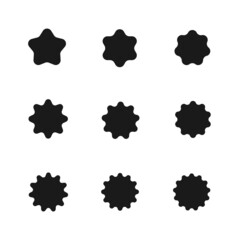 Retro set with set black starburst badges on white background for promo design. Illustration with set black starburst badges on black background. Special offer symbol. Discount tag badge shape. Simple