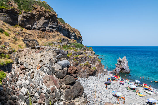 Salina island (Aeolian archipelago), Messina, Sicily, Italy, 08.17.2021: view of Scario beach in Malfa.