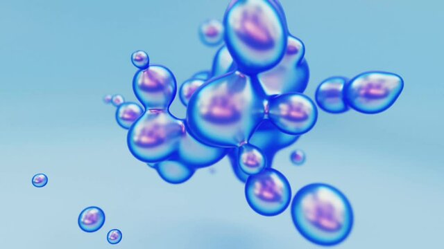 Liquid iridescent animated metaball or organic floating spheres blobes drops or bubbles 3d render abstract background. Fluid moving water clouds beautiful creative animation