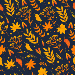 Naklejka na ściany i meble Seamless autumn pattern with yellowed leaves, herbs and flowers in orange tones on a dark background, flat style. For wallpaper, printing on fabric, wrapping, background, clothes
