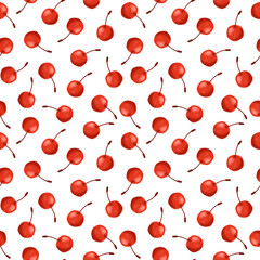 Cute cherry on white seamless pattern. Hand drawn in cartoon style cherry berry repeat print. Botanical design for textile, fabric, wallpaper, wrapping paper and decoration.