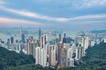 Sunset view of the downtown of Hong Kong from Victoria Peak.