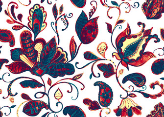 Obraz premium Paisley watercolor floral pattern tile: flowers, flores, tulips, leaves. Oriental indian traditional hand painted water color whimsical seamless print, ceramic design. Abstract india batik background