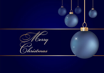 blue christmas ball and gold glitter merry christmas and happy new year on blue background, vector illustration