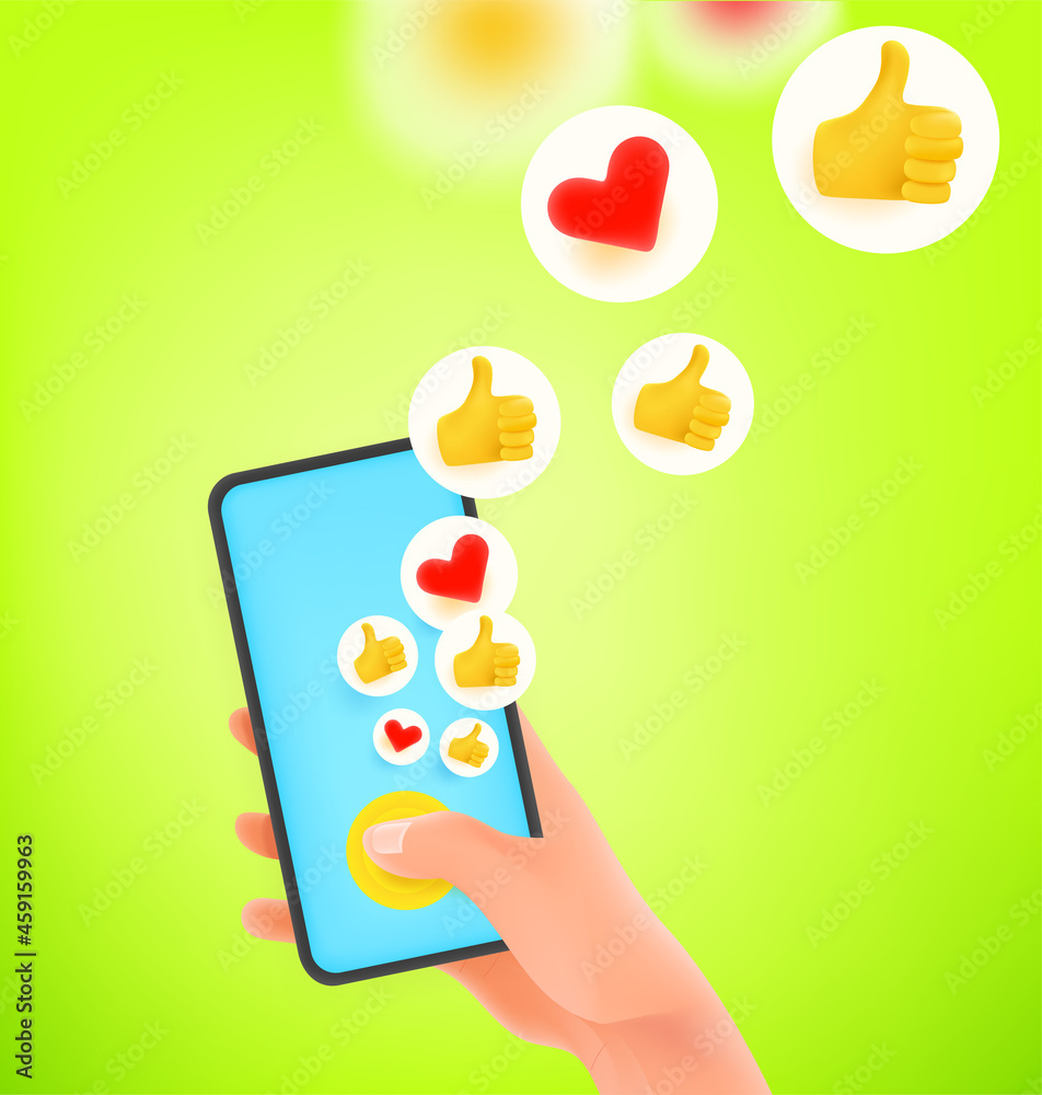 Aufkleber man pressing button on smartphone. using social media with mobile phone