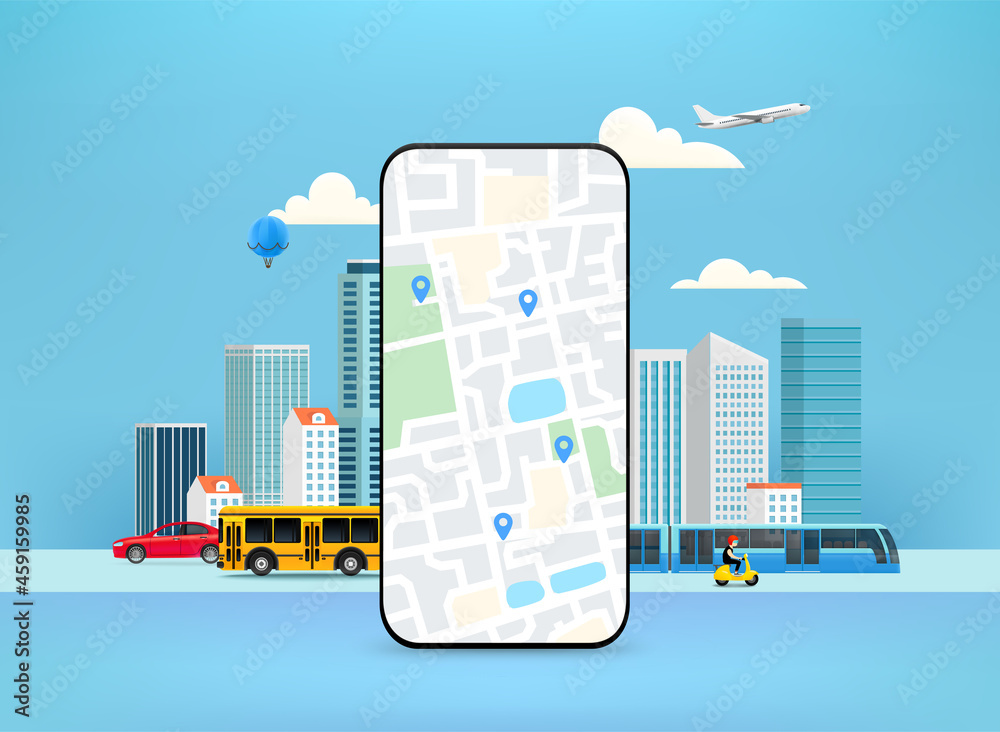 Poster Smartphone with city map and pointers. Map app concept