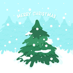 Christmas tree in winter landscape vector illustration. Festive design for winter holidays. New year greeting card.