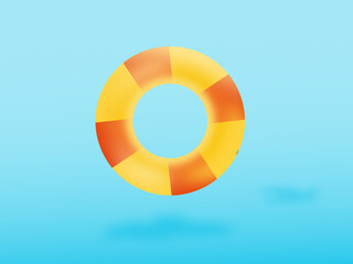 Concept objects travel. Red and yellow rubber rings floating on a blue sea background. Illustration 3D for content Equipment to help in case of drowning, items for playing in the water. Holiday enjoy 