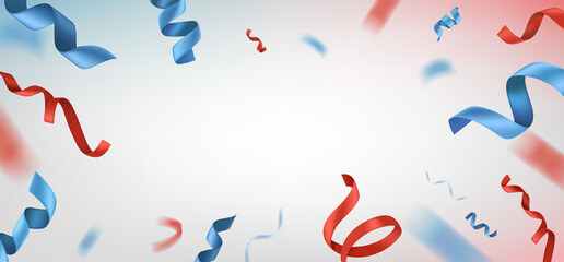Blue and red silk flying ribbons. Realistic vector banner template for american or french holidays