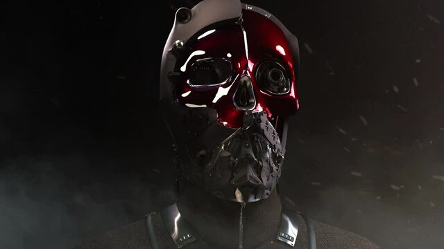 3D composite illustration of Cyborg with a skull face pilot, aviator with multiple optical elements, different lenses to capture all in details. 3D rendering. Art. FX composite rendition.	
	
