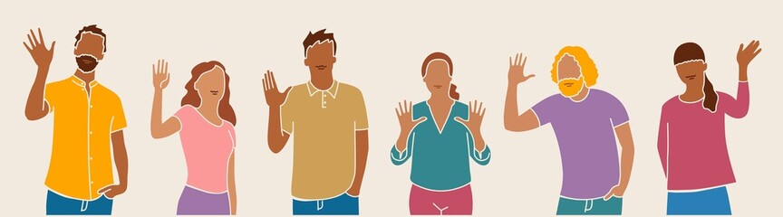 Men, women in casual clothes say hello. © Anna