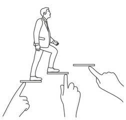 Businessman climbs the career ladder. Human hands helping him climb.