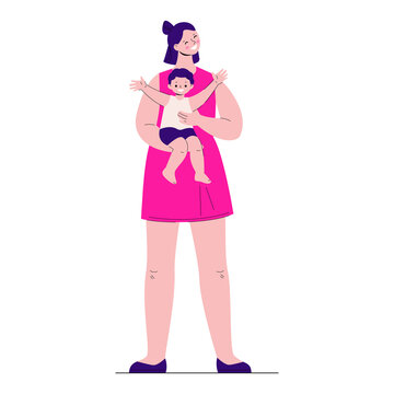Happy mother holds a joyful toddler in her arms. Vector illustration in flat style.