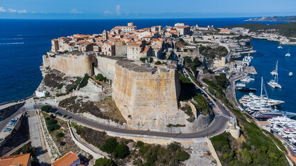 Aerial view of the Bastion de l'Étendard in the fortress of Bonifacio in the south of the island...