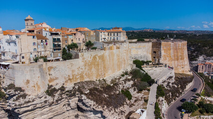 Aerial view of the Bastion de l'Étendard in the fortress of Bonifacio in the south of the island of Corsica in France - Medieval citadel built on a rocky promontory overlooking the Mediterranean Sea