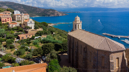 Aerial view of the two churches of Cargèse in Corsica, France - Seaside village of Greek origins...