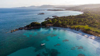 Aerial view of Palombaggia Beach in the South of Corsica, France - Famous pine tree forest on the island of Corsica, near the turquoise waters of the Mediterranean Sea