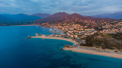 Fototapeta premium Aerial view of the Lido Beach in Propriano in the South of Corsica, France - Small coastal town in the Mediterranean Sea