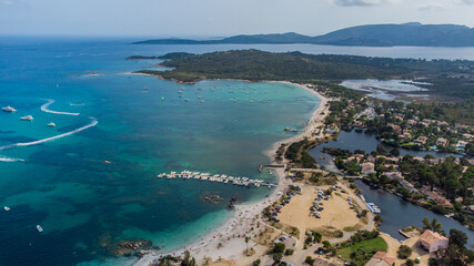 Aerial view of the beach of Saint Cyprien in the South of Corsica, France - Round bay with...