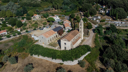 Fototapeta na wymiar Aerial view of the medieval convent of Sainte Lucie de Tallano in the mountains of Southern Corsica, France