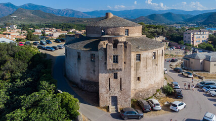 Fototapeta na wymiar Aerial view of the Citadel of Saint Florent, a coastal town on the Cap Corse in Upper Corsica, France