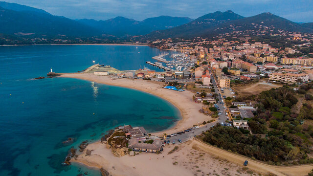 Aerial view of the Lido Beach in Propriano in the South of Corsica, France - Small coastal town in the Mediterranean Sea