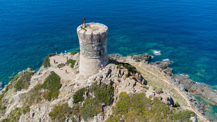 Aerial view of the remains of the Genoese Tower of La Parata built on an overlook at the end of a...