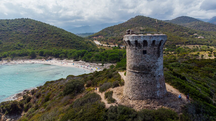 Aerial view of the ruins of the round Genoese tower of Fautéa in the South of Corsica, France -...