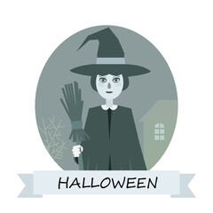 Black and white cartoon halloween witch icon with broom vector illustration