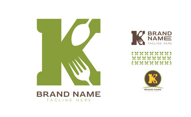 Creative bold letter K logo using Fork and Spoon for food business, hotel, restaurant, fast food, eats including pattern and logo variants for branding designs