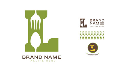 Creative bold letter L logo using Fork and Spoon for food business, hotel, restaurant, fast food, eats including pattern and logo variants for branding designs