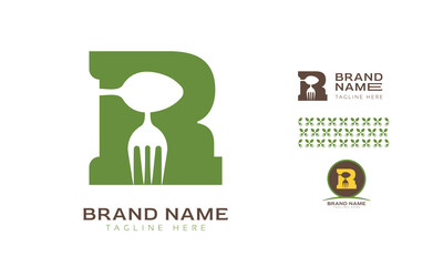 Creative bold letter R logo using Fork and Spoon for food business, hotel, restaurant, fast food, eats including pattern and logo variants for branding designs