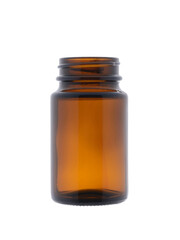 Empty medical bottle made of dark brown glass. Isolated on a white background, close-up