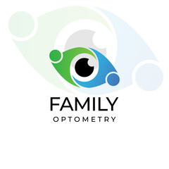 family optometry logo, creative vector eye with humanoid hand in hand