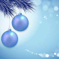 Minimal Christmas light blue shine background with bokeh, christmas tree branches and decorative christmas balls. illustrations for greeting cards, calendars and invitations. High quality illustration
