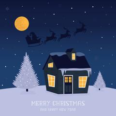 Holiday Christmas card with small house and Santa Claus with deers flying above the roof