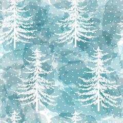 Fototapeta premium Christmas tree seamless vector pattern. Watercolor Noel firs print, winter frozen pine trees on blue background, wallpaper, wrapping paper design