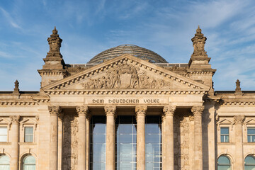 Fototapeta na wymiar Facade Reichstag building Berlin, meeting place of Germany parliament Bundestag