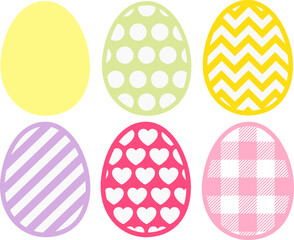 Set of Easter eggs isolated on white background. Eggs clip art covered with polka dot, chevron, buffalo plaid and hearts patterns. Easter vector illustration