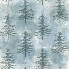 Christmas tree seamless vector pattern. Watercolor Noel firs print, winter frozen pine trees on blue background, wallpaper, wrapping paper design