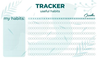 Modern tracker with green ellements. October Planner useful habits