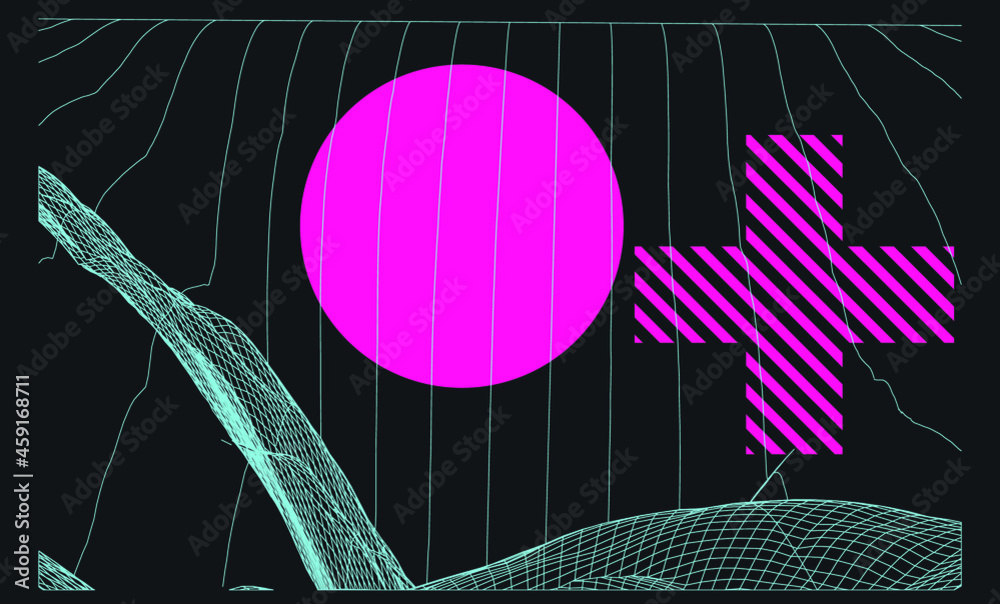 Aufkleber 3d polygonal mountain landscape in retrofuturistic style. concept of data visualization and machine 