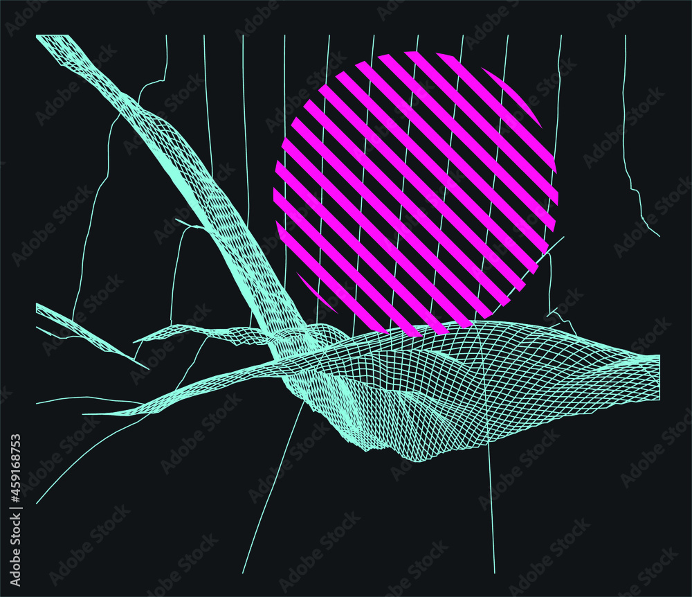 Poster 3D polygonal mountain landscape in retrofuturistic style. Concept of data visualization and  machine learning.
