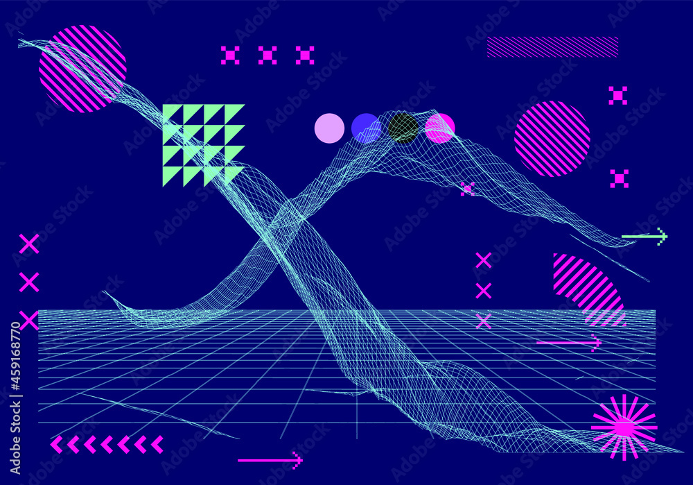 Fototapete 3d polygonal mountain landscape in retrofuturistic style. concept of data visualization and machine 