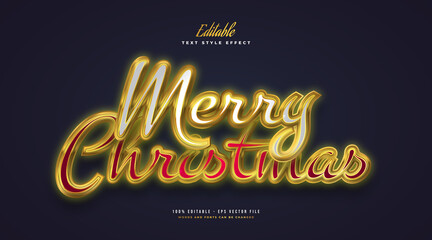 Merry Christmas Text in White and Red with Glowing Gold Neon Effect. Editable Text Style Effect