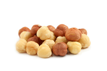 Heap of tasty hazelnuts on white background